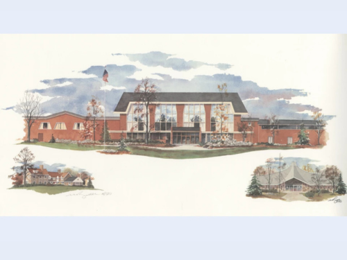 A watercolor image of the Delaware Law School campus