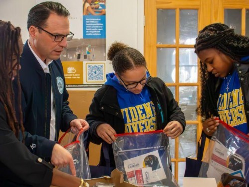 Josh Shapiro at MLK program – worked with two students Arielle McRae ’24 and Jordan with Tara Jones (Chester Cultural Arts &amp; Technology Center) packing bags for unhoused individuals