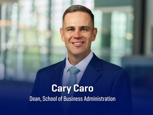 Profile image of Cary Caro in a blue suit; over his image is a blue filter and the words “Cary Caro. Dean, School of Business Administration”