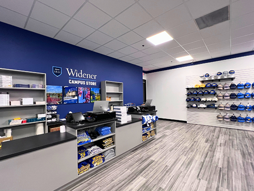 Interior of the campus store with check out area