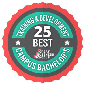 Circular badge reads 25 best training &amp; development campus bachelor's by Great Business Schools