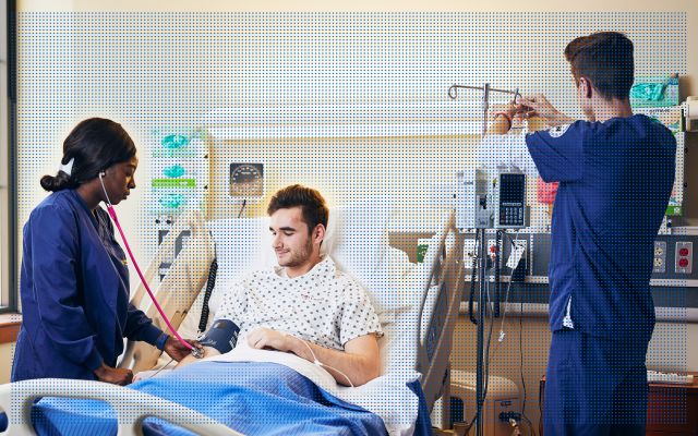 widener nursing students in mock hospital setting in the School of Nursing simulation lab