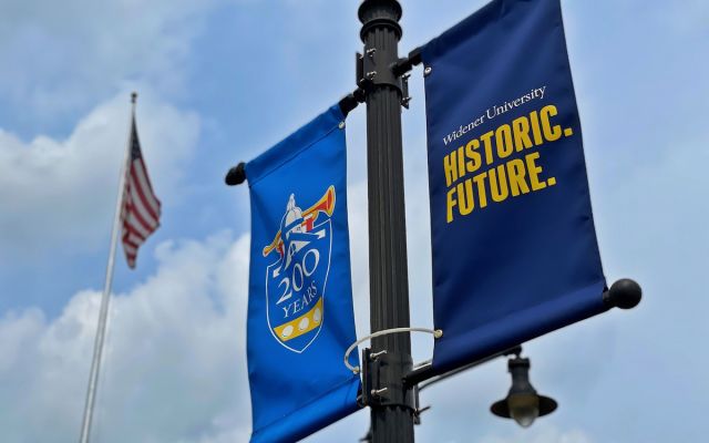 Widener Flag celebrating 200 Years reads Widener University Historic. Future.
