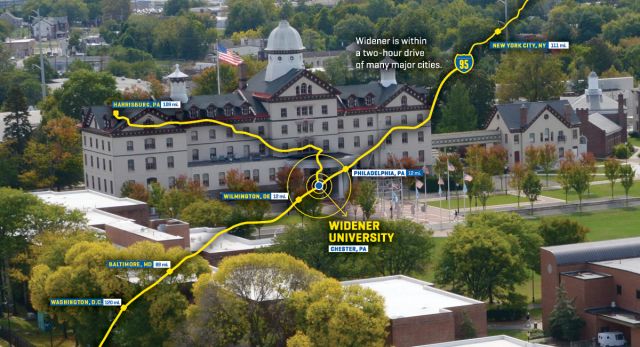 Widener Campus with i95 overlay showing distance to major cities
