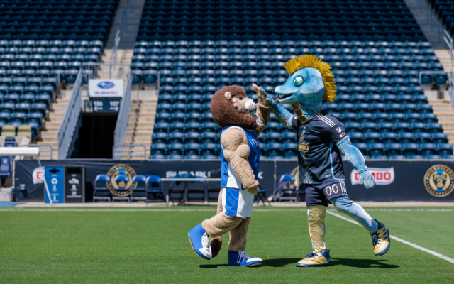 Widener University mascot Chester and Philadelphia Union mascot Phang high-five on the soccer field.