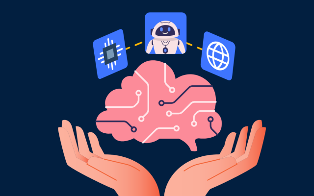 Illustration of a digital brain held in two hands, connected to icons representing a computer chip, an AI robot, and the internet.