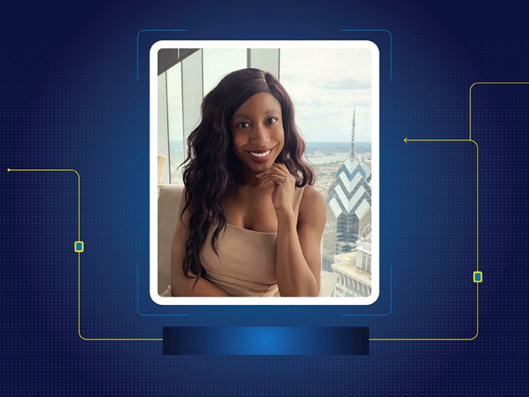 Tatyannah King poses for a photo, which is inserted in a blue graphic with yellow lines and arrows