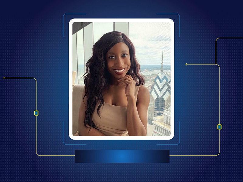 Tatyannah King poses for a photo, which is inserted in a blue graphic with yellow lines and arrows