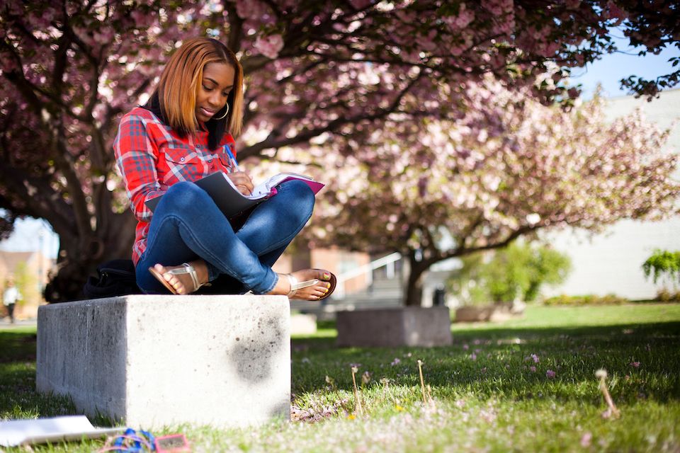 widener student reads outside under a tree